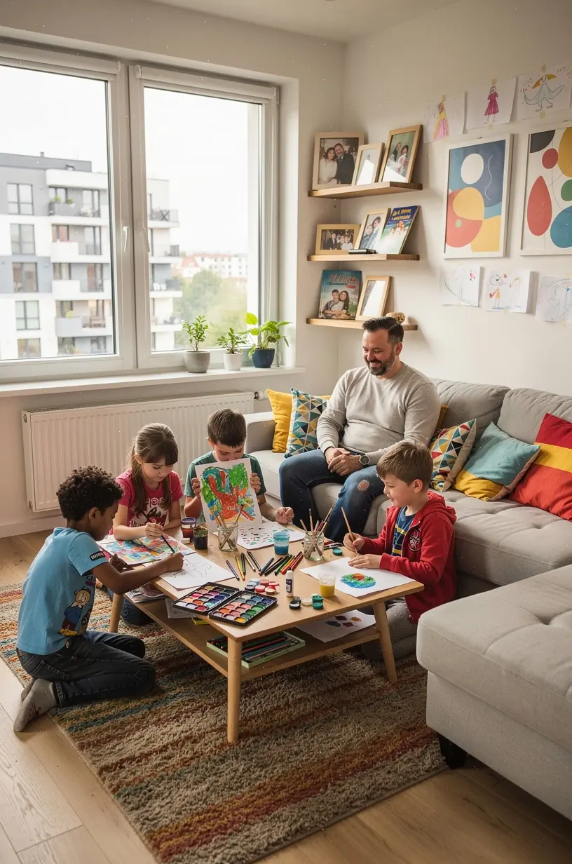 Przestronny, jasny salon z ergonomicznymi meblami i efektywnym oświetleniem LED